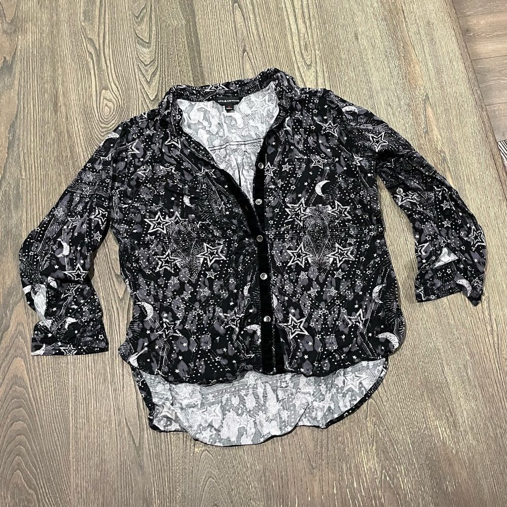 Rock & Republic Button Up Shirt Celestial Moon Stars Roll Tab Black White Size M